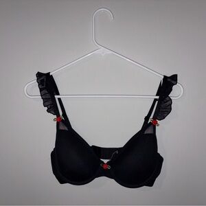 Black Ruffle Strap Bra with Rose Accents